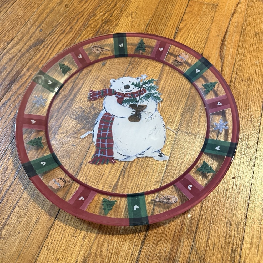 NEW Snow Bear Platter Chop Plate 13" Pfaltzgraff Round Glass White Red Green NOS